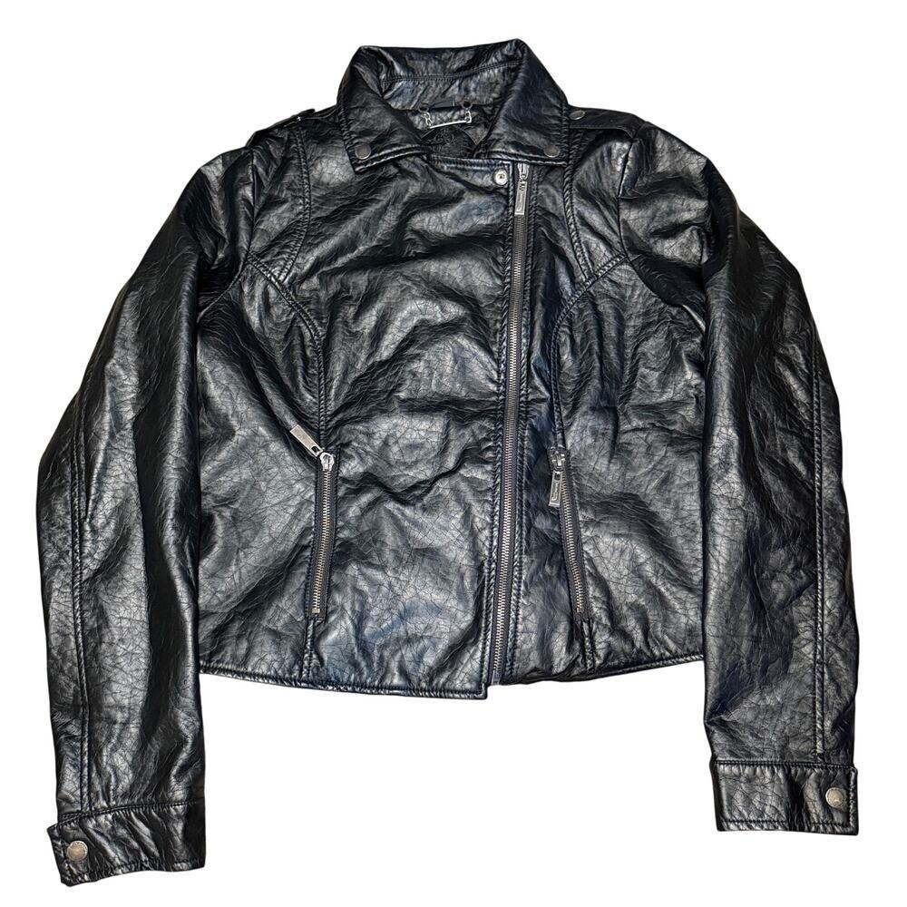 JOUJOU Women L Faux Leather Biker Jacket Textured Black